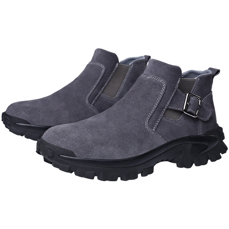 Durable cowhide safety shoes, also called work boots, protect feet in many work environments.