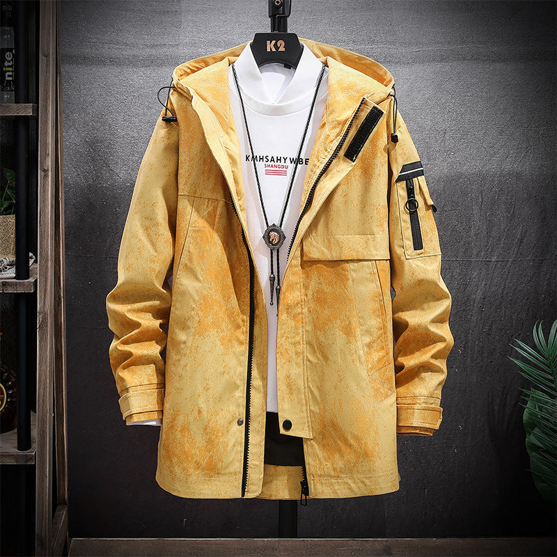 Korean Color Block Mid-length Windbreaker Hooded Casual Jacket