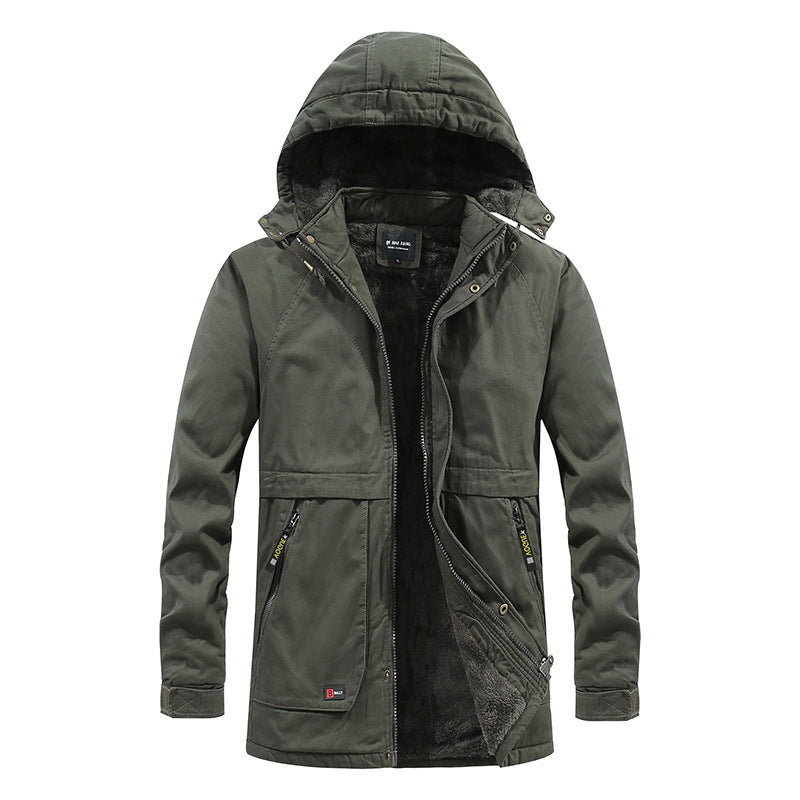 Hooded warm coat. A warm coat featuring a hood.