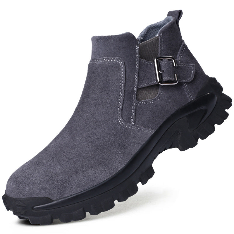 Durable cowhide safety shoes, also called work boots, protect feet in many work environments.