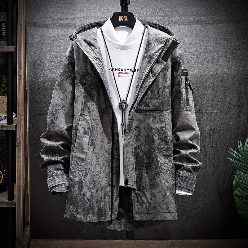 Korean Color Block Mid-length Windbreaker Hooded Casual Jacket