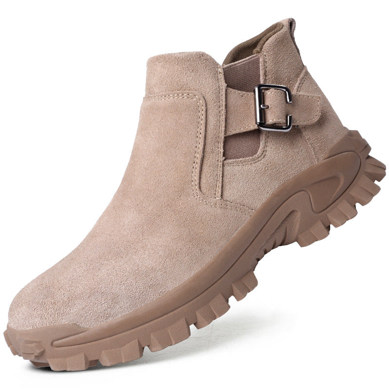 Durable cowhide safety shoes, also called work boots, protect feet in many work environments.