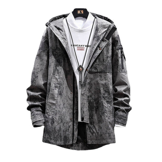 Korean Color Block Mid-length Windbreaker Hooded Casual Jacket