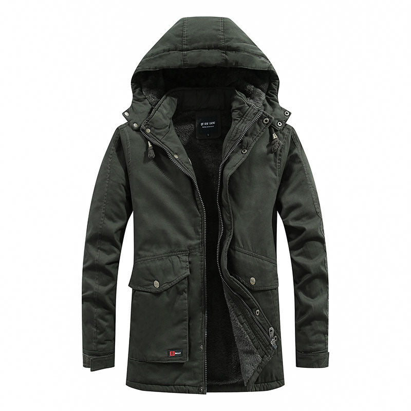 Hooded warm coat. A warm coat featuring a hood.