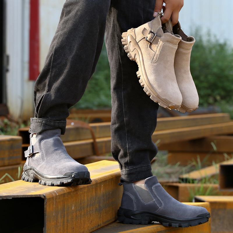 Durable cowhide safety shoes, also called work boots, protect feet in many work environments.
