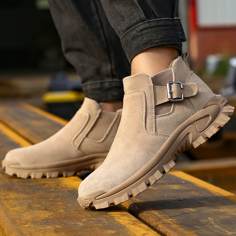 Durable cowhide safety shoes, also called work boots, protect feet in many work environments.
