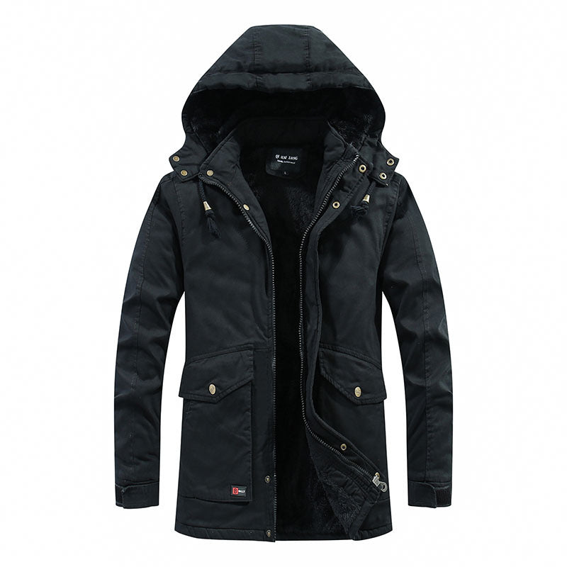 Hooded warm coat. A warm coat featuring a hood.